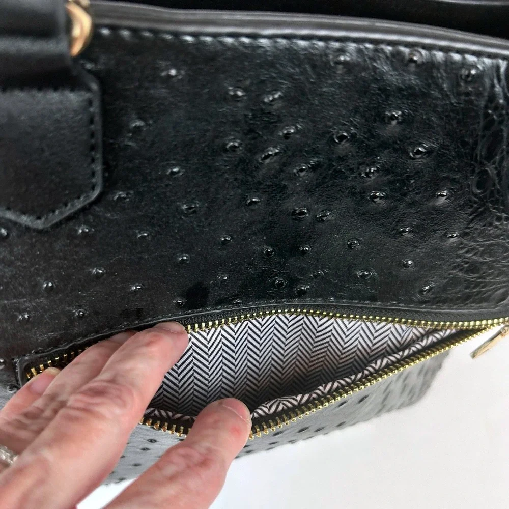 Black faux Ostrich/Croc Embossed Satchel Handbag w/ Tassel‎ & Matching Pouch Set